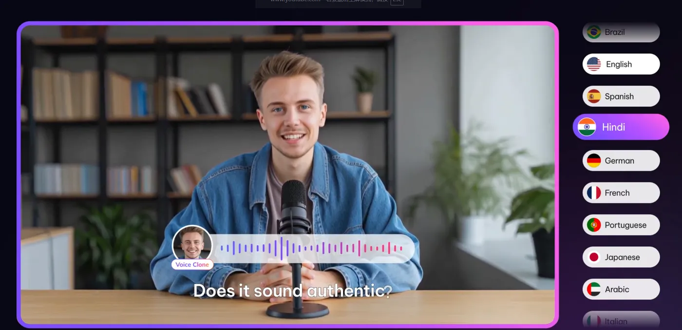 VMEG 声音克隆演示:一条视频翻译为英语、西班牙语、印地语等十余种语言